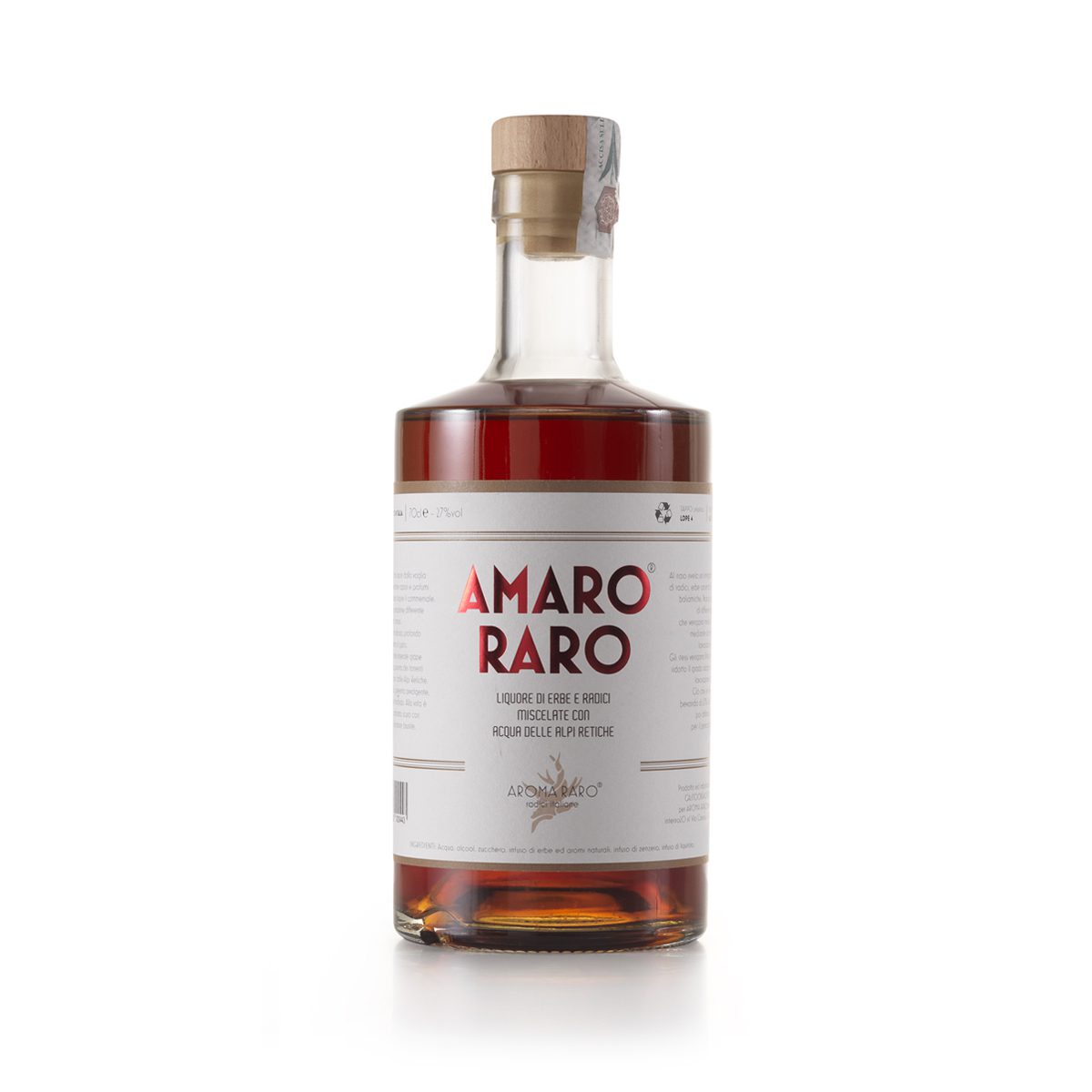 Bottiglia di Amaro Raro da 70cl, liquore artigianale italiano con erbe aromatiche e acqua delle Alpi Retiche, su sfondo bianco