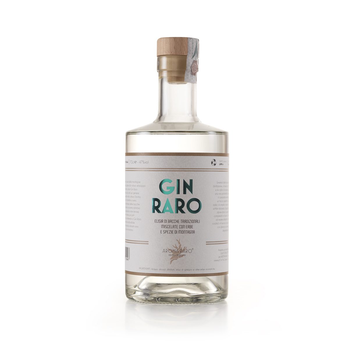 Bottiglia di Gin Raro da 70cl, distillato artigianale con bacche di ginepro ed erbe alpine, su sfondo bianco.